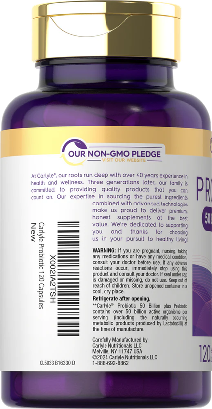 پروبیوتیک + پریبیوتیک 50بیلیون کارایل/حمایت از سلامت گوارش، ایمنی و تعادل فلور روده | ۱۲۰ عدد کپسول گیاهی