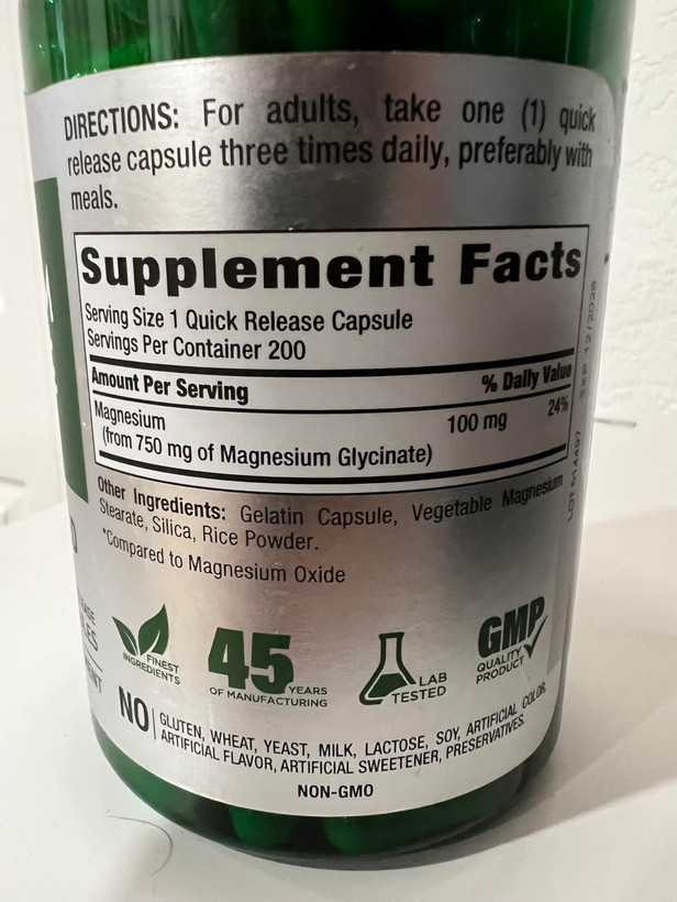 منیزیم گلیسینات پایپینگ راک | جذب بسیار بالا | 750mg | 200 کپسول
