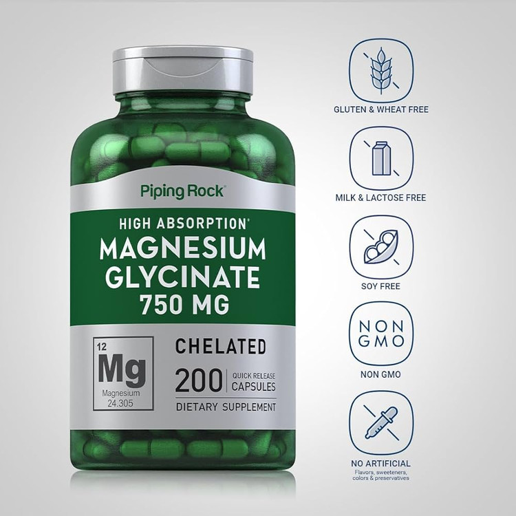 منیزیم گلیسینات پایپینگ راک | جذب بسیار بالا | 750mg | 200 کپسول