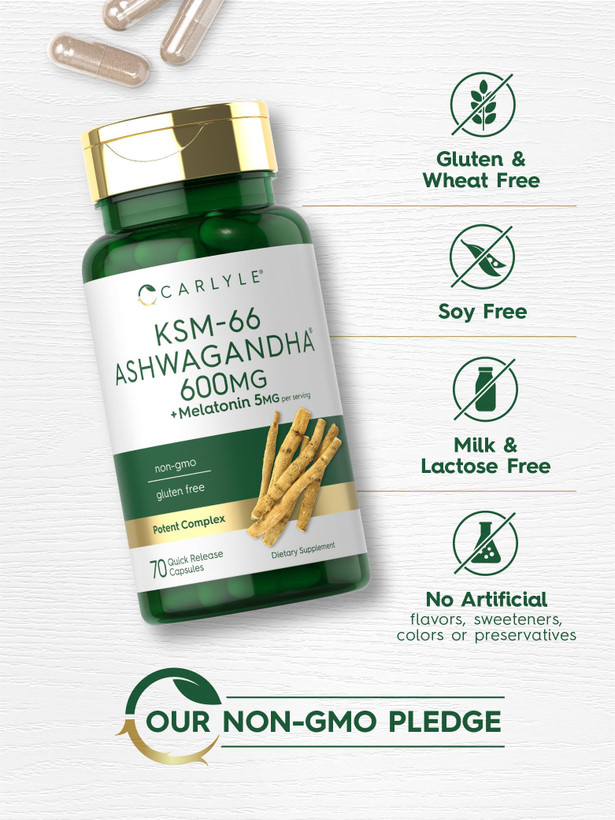 کپسول آشواگاندا KSM-66 کارلایل 600 میلی گرم + ملاتونین 5 میلی گرم 70 عددی